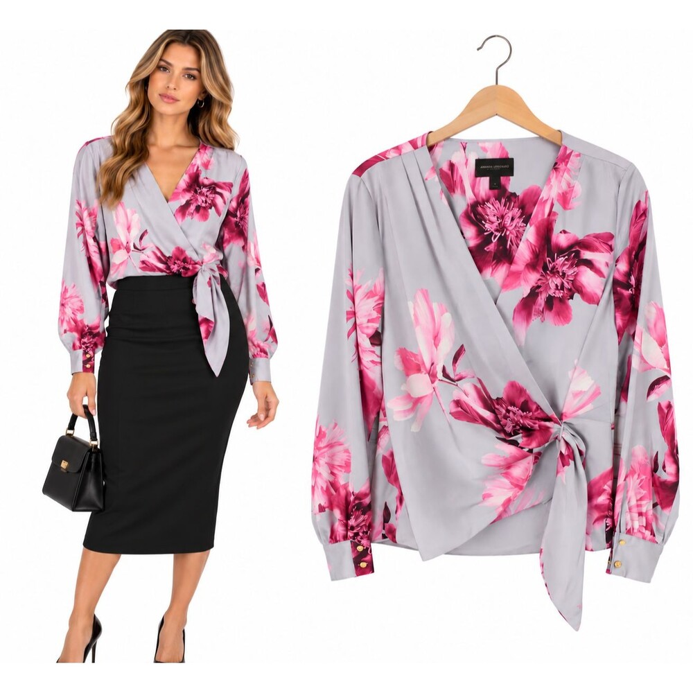 New Donna Karan New York Floral Wrap Blouse Size Small Pink Gray Tie Waist